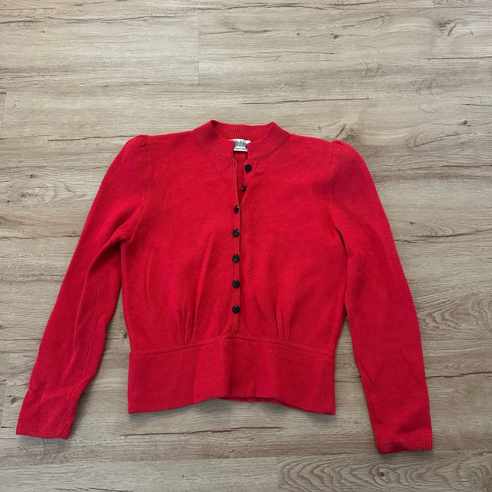 St. John by Marie Gray Red Knit Cardigan Sweater Puff Shoulder Vintage